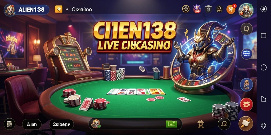 Screenshot gameplay ALIEN138 menampilkan dealer profesional dan suasana kasino langsung.