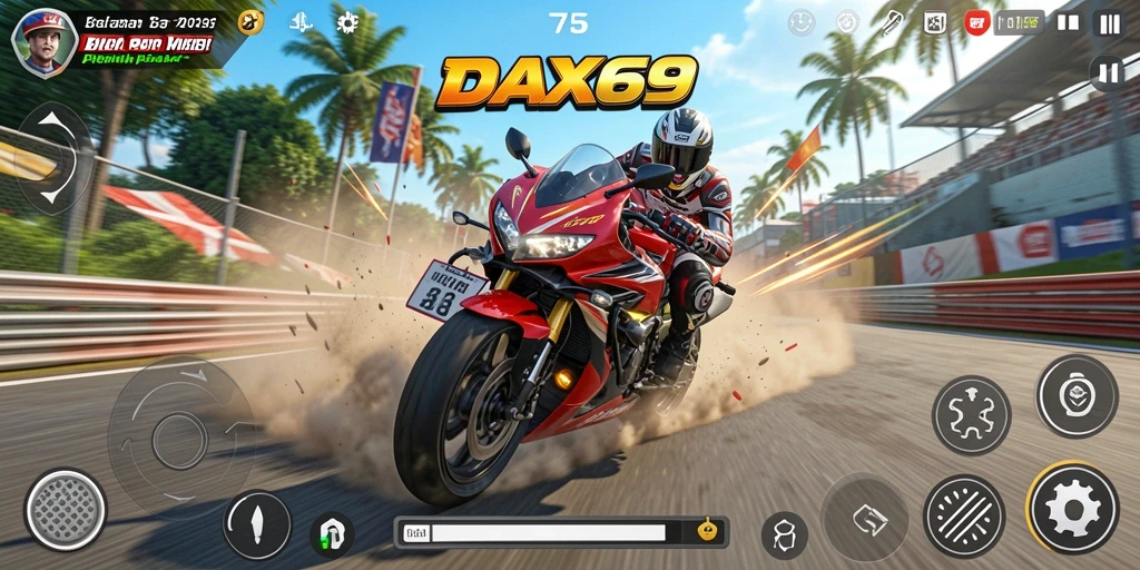 Screenshot DAX69 menampilkan aksi balapan motor yang mendebarkan.