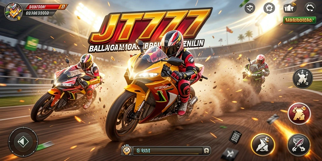 Tangkapan layar gameplay JT777 menampilkan aksi balapan motor yang intens.