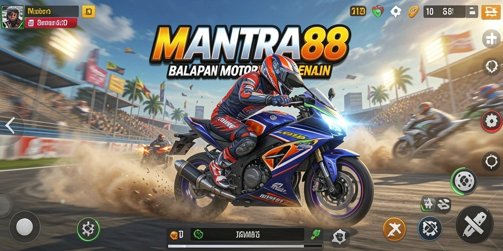 Screenshot gameplay MANTRA88 menampilkan aksi balapan motor yang mendebarkan.