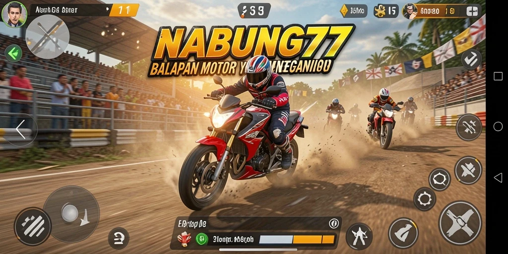 Gameplay NABUNG77 menunjukkan balapan motor yang menegangkan dan seru.