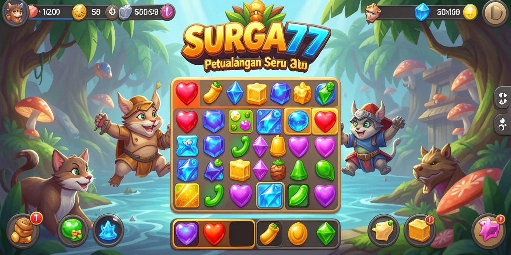 Tampilan gameplay SURGA77 yang penuh warna dalam permainan Match-3.