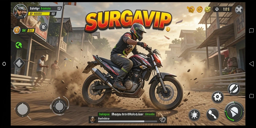 Screenshot dari gameplay SURGAVIP yang menampilkan balapan motor yang mendebarkan.